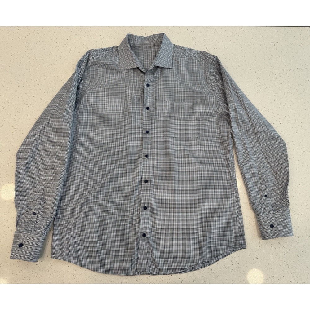 J.Hilburn Planet Mouline Plaid Dress Shirt Navy white 100% Cotton